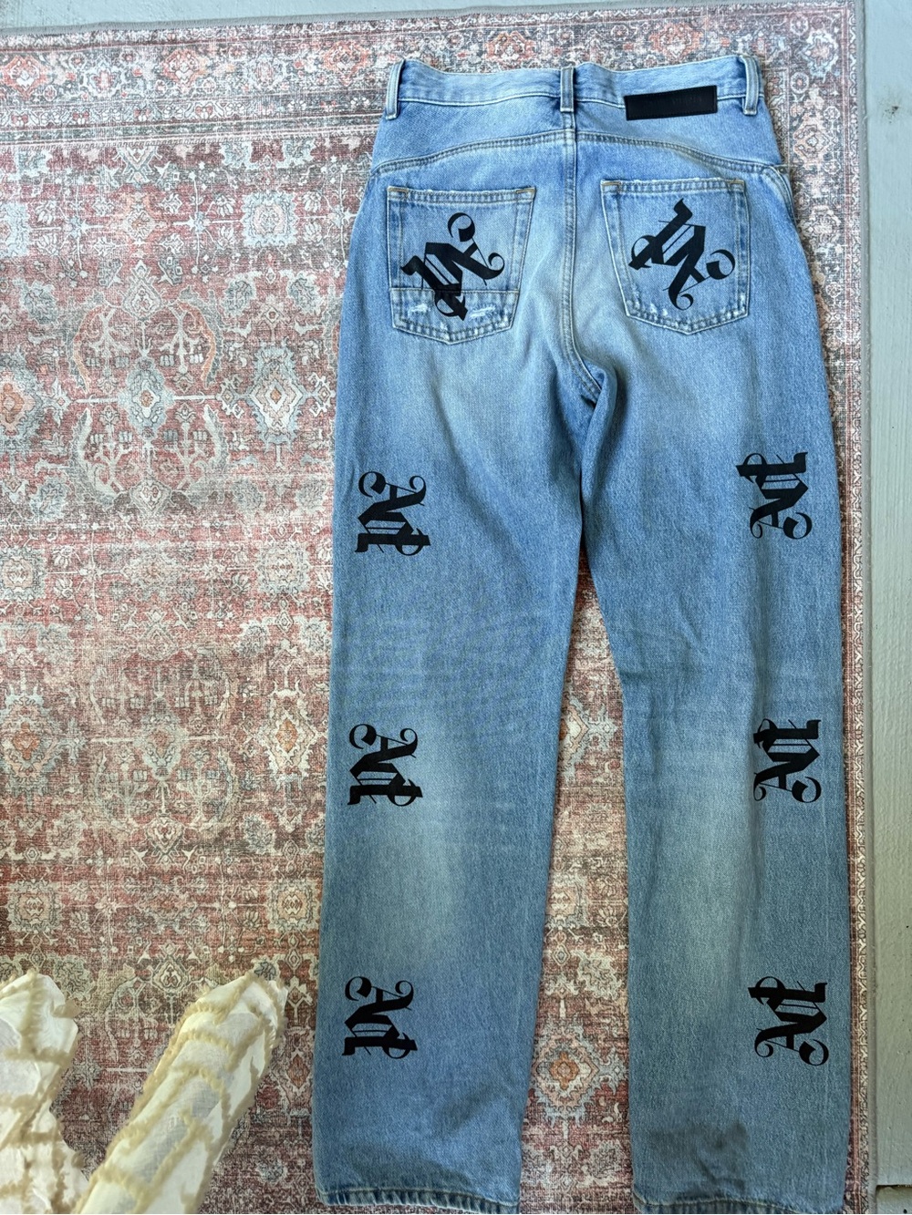 Palm Angels Light Blue Straight Jeans with Black Gothic Logos